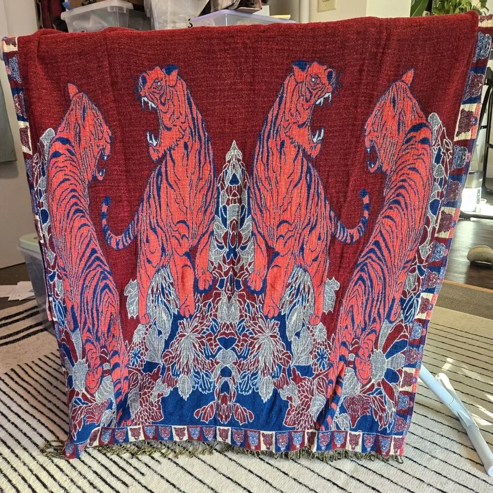 Reversible Tibetan Bengal Tiger Jungalow Print Blanket Shawl Throw 36